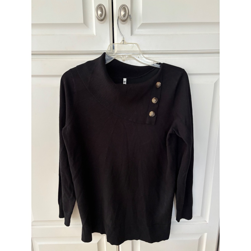 Lea & Nicole Womens Black Asymmetrical Button Neck Knit Sweater Small